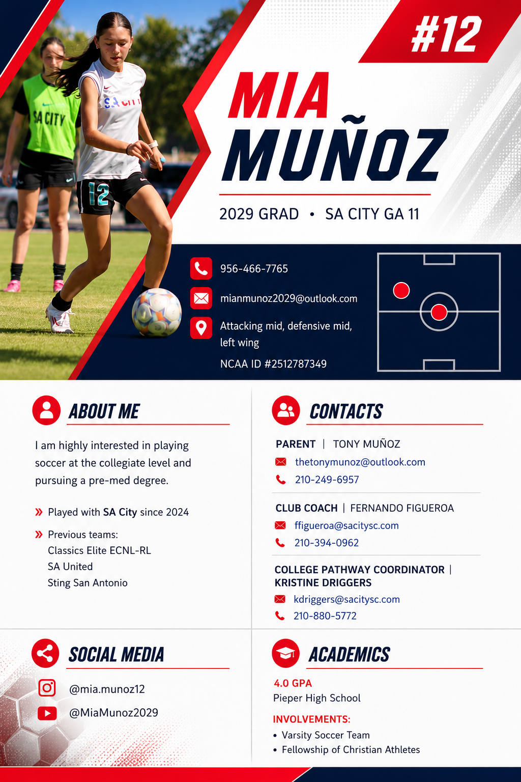 Mia Muñoz Class of 2029 soccer recruiting fact sheet